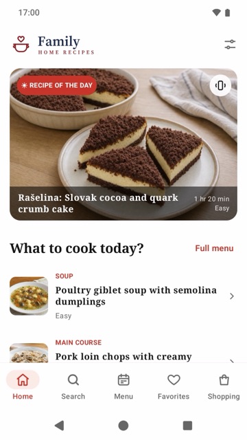 The Family Home Recipes app for Android: home screen with the recipe of the day