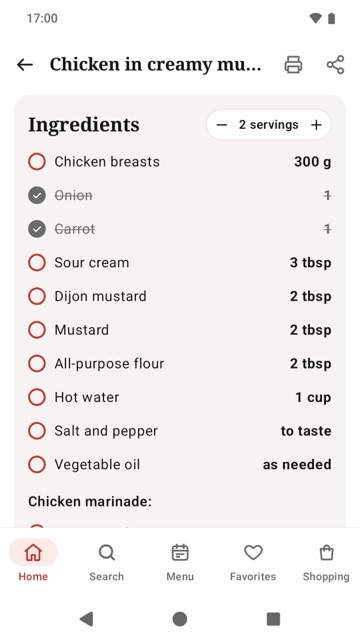 Ingredients with servings conversion